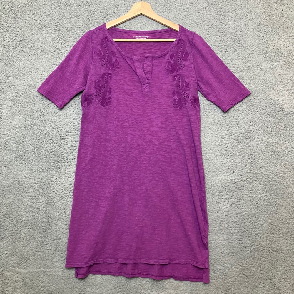 Soft Surroundings T-shirt‎ Dress Women Petite XS Purple Cotton Slub Embroidered